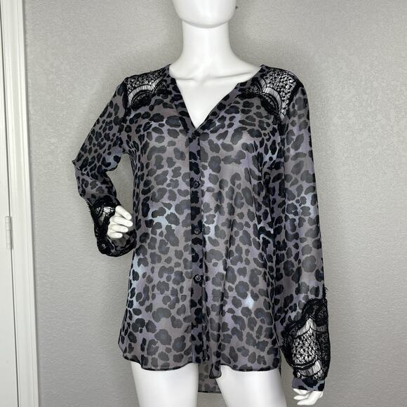 Hale Bob Top Size M Top Leopard Print Chiffon Lace Button Up Sheer Blouse - Picture 2 of 7